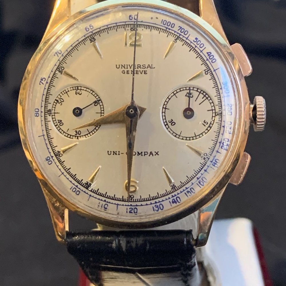Vintage Universal Genève Uni-compax 18k gold chronograph with six-month warranty